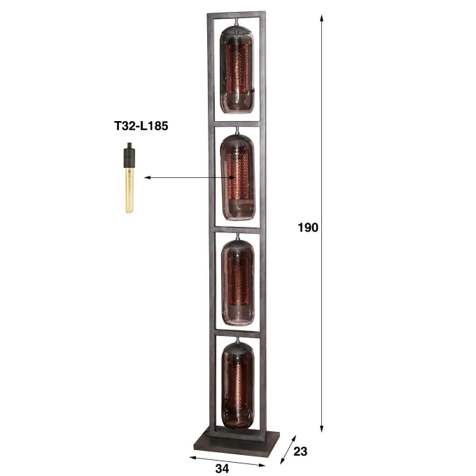 WoonStijl Vloerlamp 4L tower smoke glas-geperforeerd staal