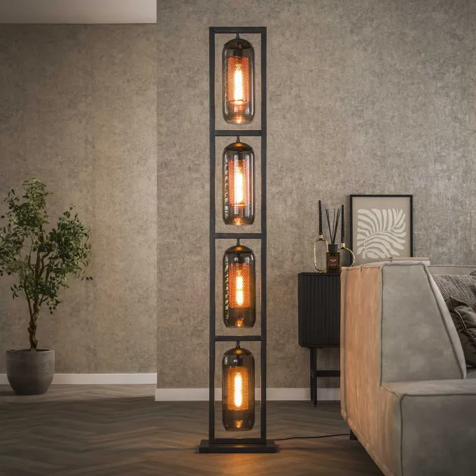 WoonStijl Vloerlamp 4L tower smoke glas-geperforeerd staal