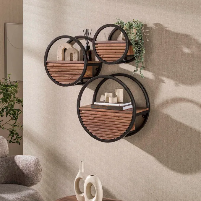 WoonStijl Wandschap Circular 1 lade Ø30cm Acacia bruin - Wandrek met lade