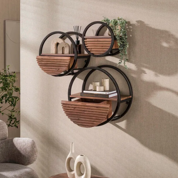 WoonStijl Wandschap Circular 1 lade Ø30cm Acacia bruin - Wandrek met lade
