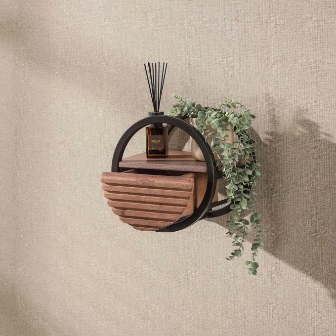 WoonStijl Wandschap Circular 1 lade Ø30cm Acacia bruin - Wandrek met lade